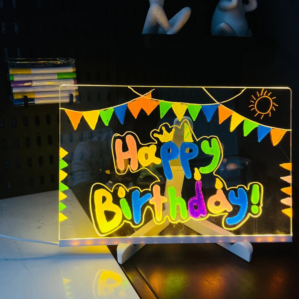 DIY LED Message Board Night Light – Custom Acrylic Writing Lamp with 7 Colour Pens, USB Powered