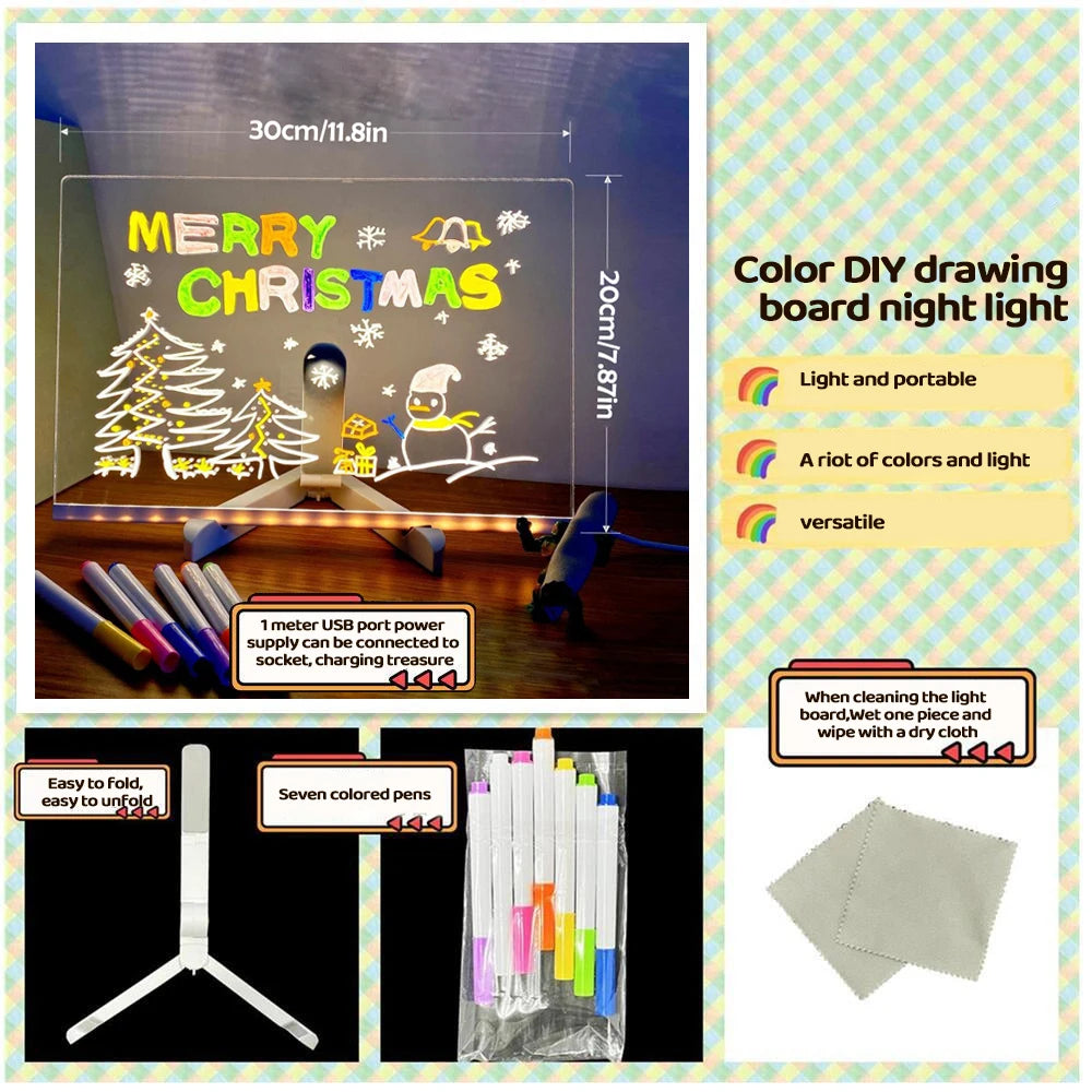 DIY LED Message Board Night Light – Custom Acrylic Writing Lamp with 7 Colour Pens, USB Powered
