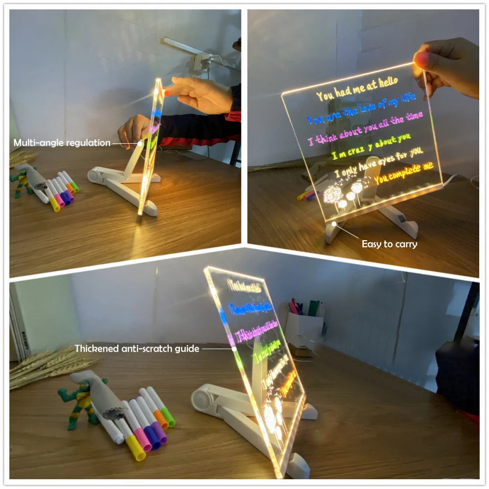DIY LED Message Board Night Light – Custom Acrylic Writing Lamp with 7 Colour Pens, USB Powered