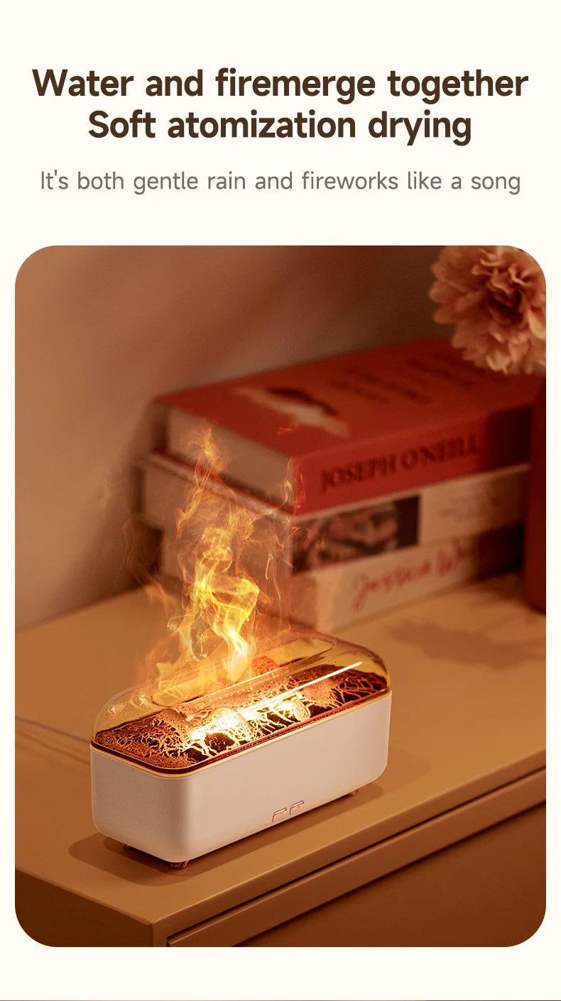 Small device emitting a soft flame-like effect on a wooden surface with books and a flower in the background.