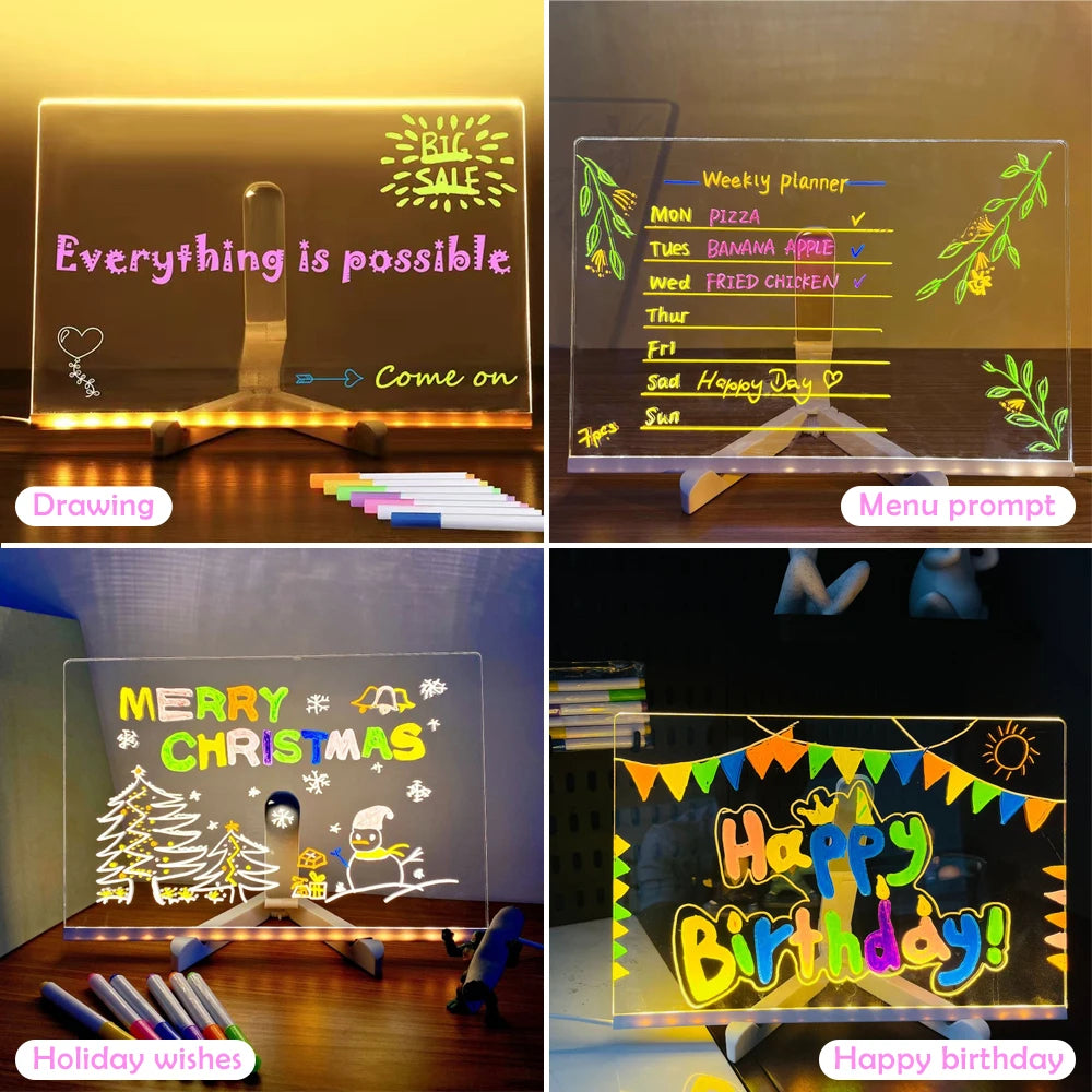 DIY LED Message Board Night Light – Custom Acrylic Writing Lamp with 7 Colour Pens, USB Powered