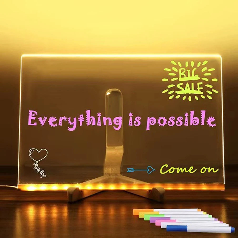DIY LED Message Board Night Light – Custom Acrylic Writing Lamp with 7 Colour Pens, USB Powered